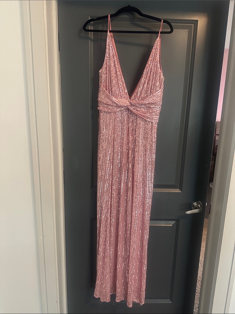 Hot Miami Styles Rose Pink Sequin Twist Front V-Neck Maxi Dress